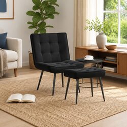 Black Velvet Upholstered Relaxing Chair with Stool