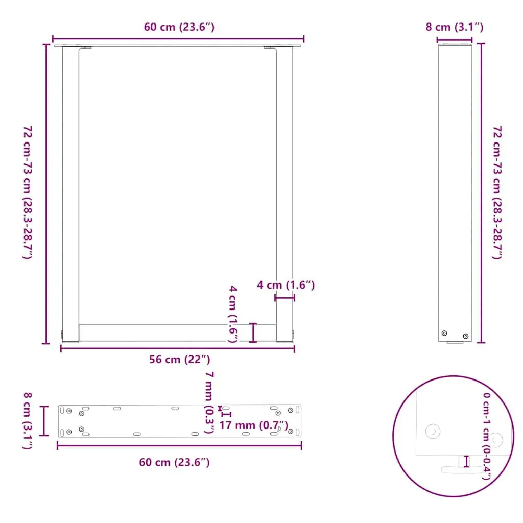 Dining Table Legs Adjustable U-Shaped Steel Black 60x72-73cm Pack of 2