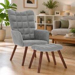Grey Velvet Lounge Chair with Footstool