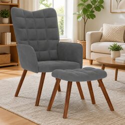 Armchair with Footstool in Grey Velvet