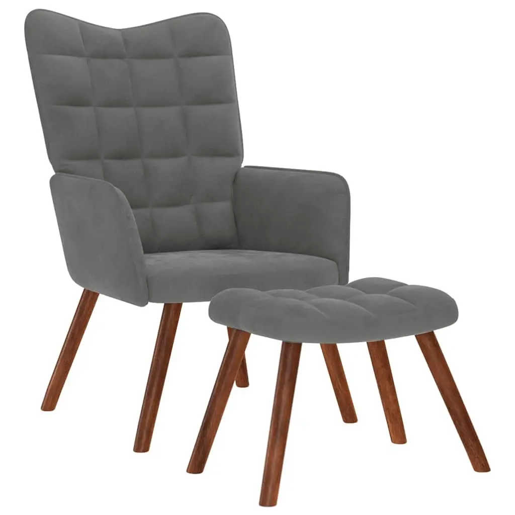 Relaxing Armchair with Footstool Grey Velvet Lounge Chair Bedroom Living Room