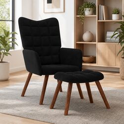 Padded Black Velvet Armchair and Footstool Set