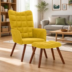 Velvet Armchair with Footstool in Yellow
