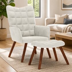Velvet Armchair with Stool in Cream Color