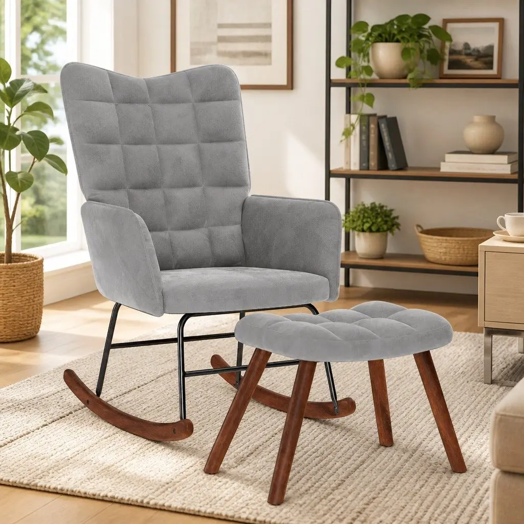 Rocking Chair with Footstool Padded Velvet Grey