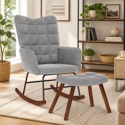 Velvet Rocking Chair with Footstool in Grey
