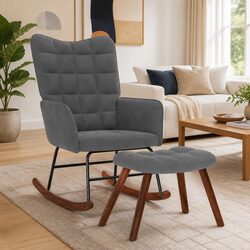 Grey Velvet Rocking Chair and Footstool Set