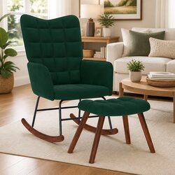 Velvet Rocking Chair with Footstool in Green