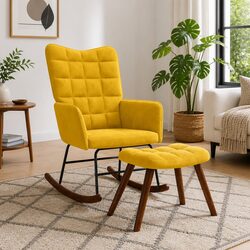 Sturdy Yellow Velvet Rocking Chair with Stool
