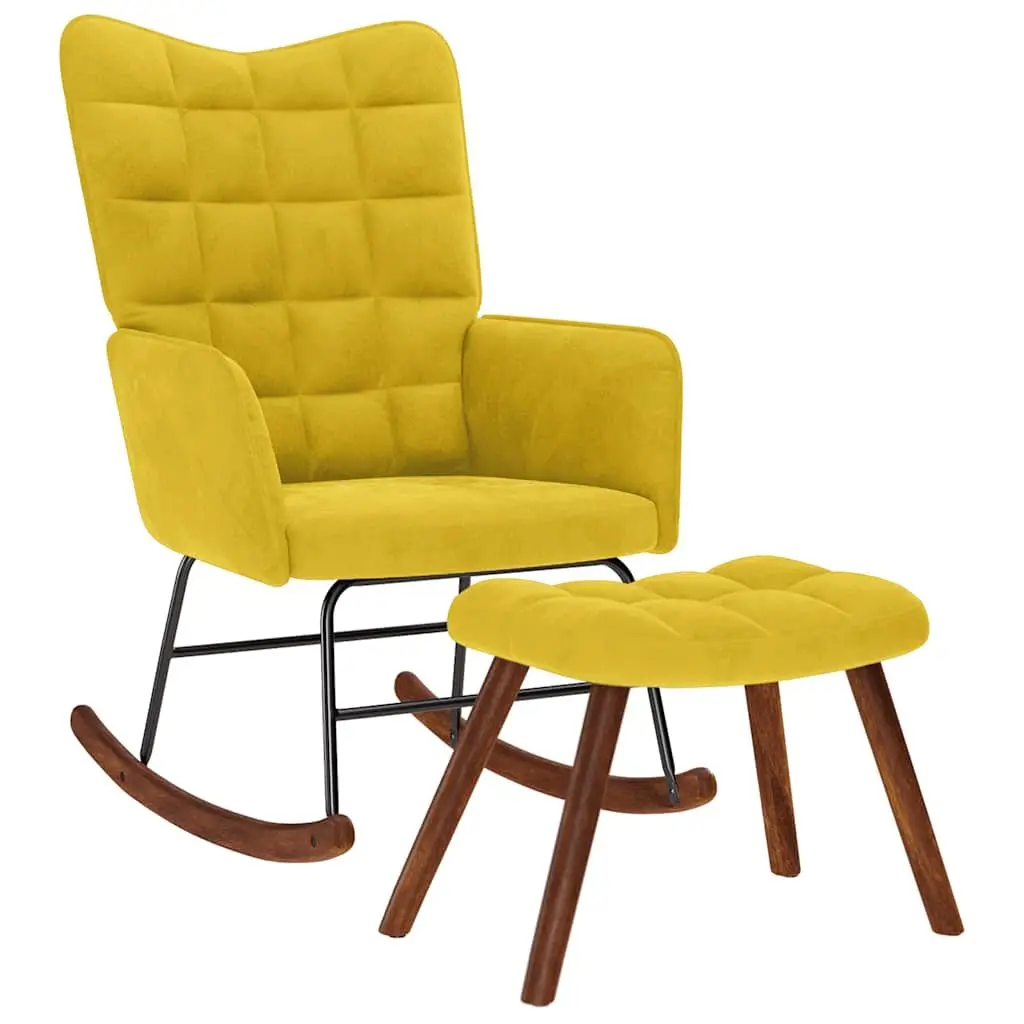 Rocking Chair with Stool Yellow Velvet Lounge Armchair Padded Seat Backrest