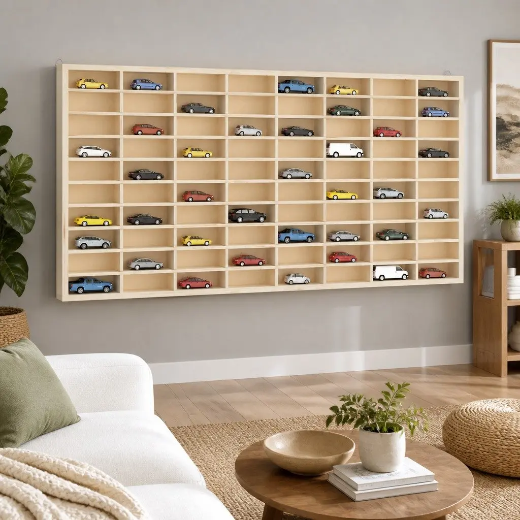 Wooden Wall Mounted Display Case Organiser 80 Compartments Brown
