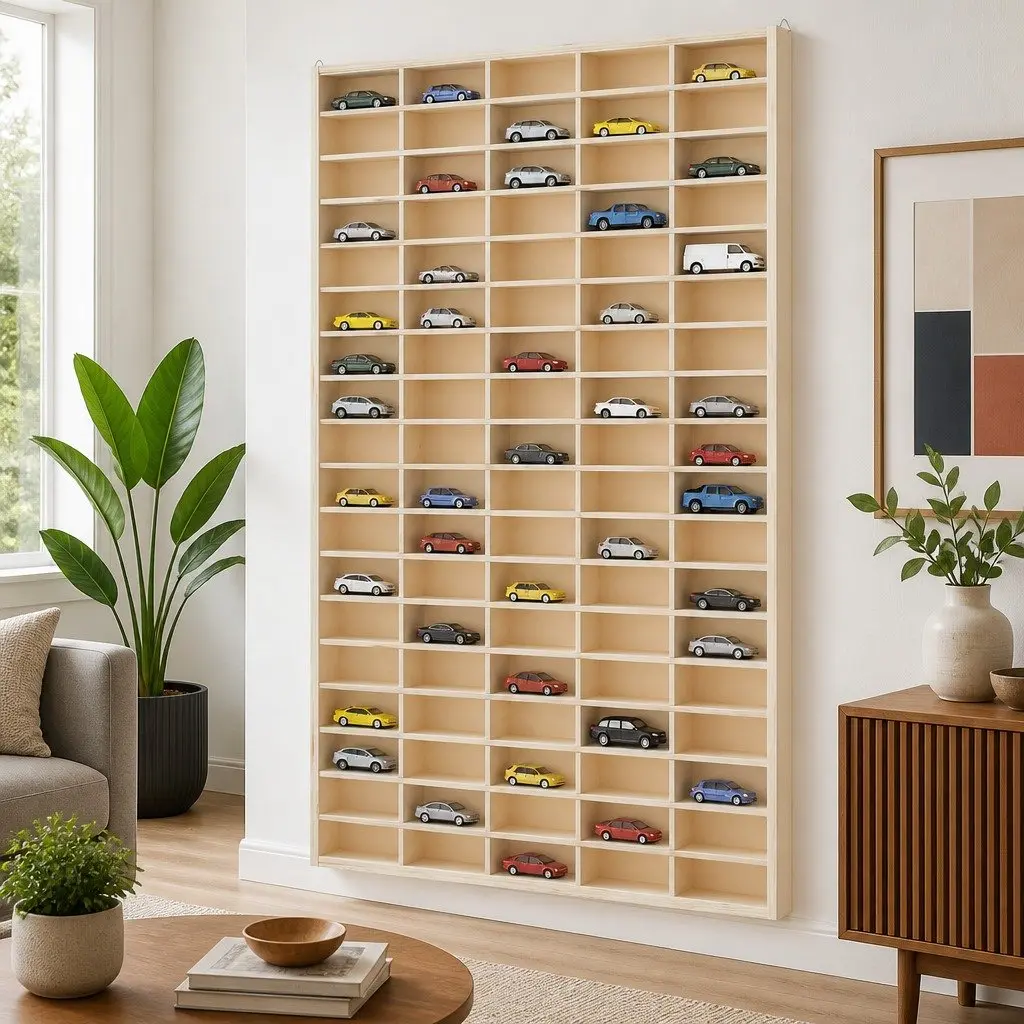 Wooden Wall Mounted Display Case 90 Compartments Organizer Brown