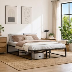 Metal Bed Frame with Slatted Base and Storage 137x187 cm Black