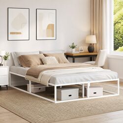 Metal Bed Frame White 137x187 cm with Slatted Base
