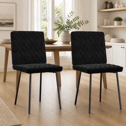 Set of 2 Black Velvet Dining Chairs with Metal and Wood Frame