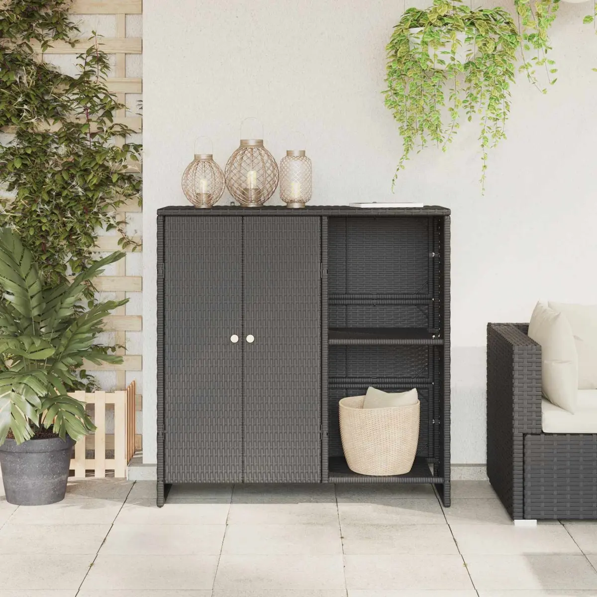 Storage Cabinet Modern Rectangular Black Rattan 100 x 36 x 102 cm Living Room Organizer