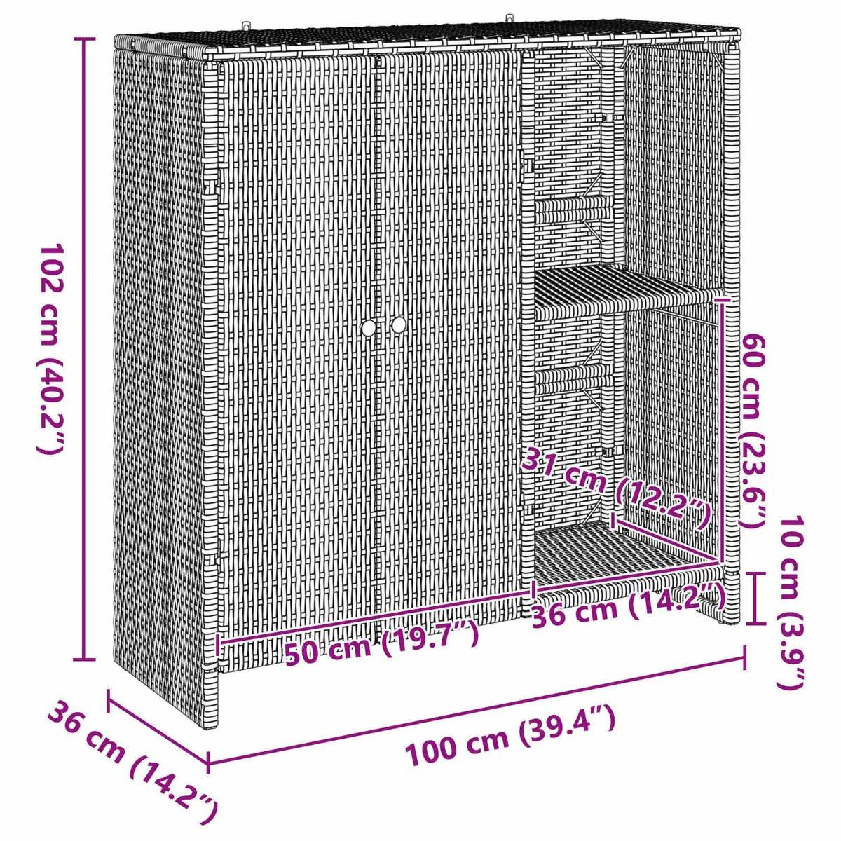 Storage Cabinet Adjustable Shelves Rectangular Grey Rattan 100x36x102cm