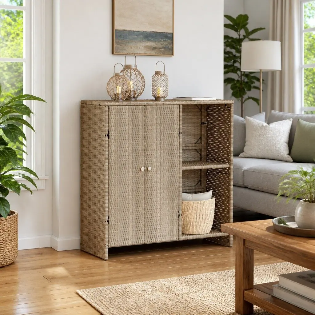 Rattan Beige Rectangular Storage Cabinet with Adjustable Shelves for Living Room Furniture