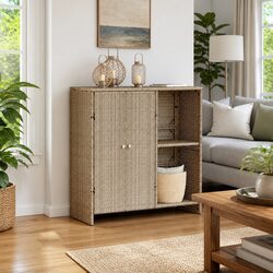 Rectangular Rattan Storage Cabinet in Beige
