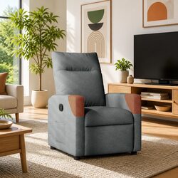 Manual Recliner Chair in Grey Fabric with Storage Pocket