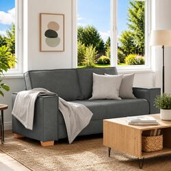 2-Seater Sofa in Grey Fabric with Wood and Metal Frame