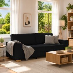 3-Seater Sofa in Black Fabric with Wood and Metal Frame