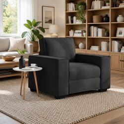 Black Velvet Armchair with Sturdy Frame and Wide Armrests
