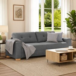 3-Seater Sofa in Grey Fabric with Plywood and Metal Frame