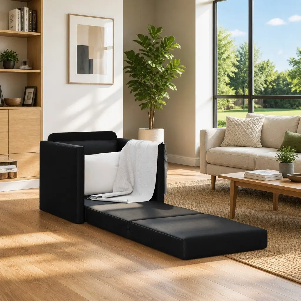 Sofa Bed Convertible Modern Comfort 60cm Black Faux Leather