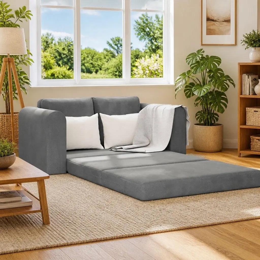 Sofa Bed Convertible Grey Velvet 148x71x83cm Modern Comfort