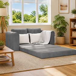Convertible Grey Velvet Sofa Bed with Removable Covers