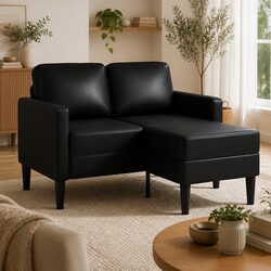 L-Shaped 2-Seater Sofa with Chaise Lounge, Black Faux Leather