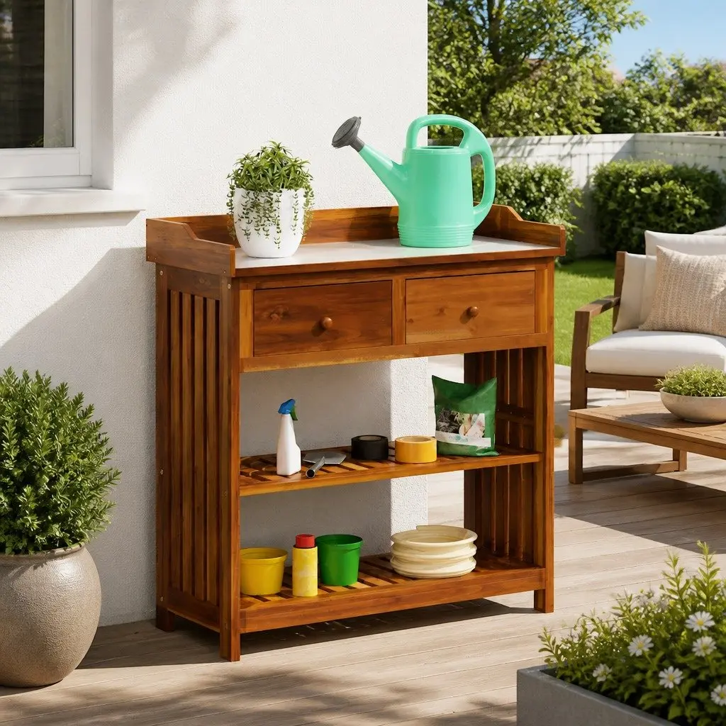 Outdoor Storage Cabinet Brown Solid Acacia Wood with Shelves and Drawers 93 x 41.5 x 98cm