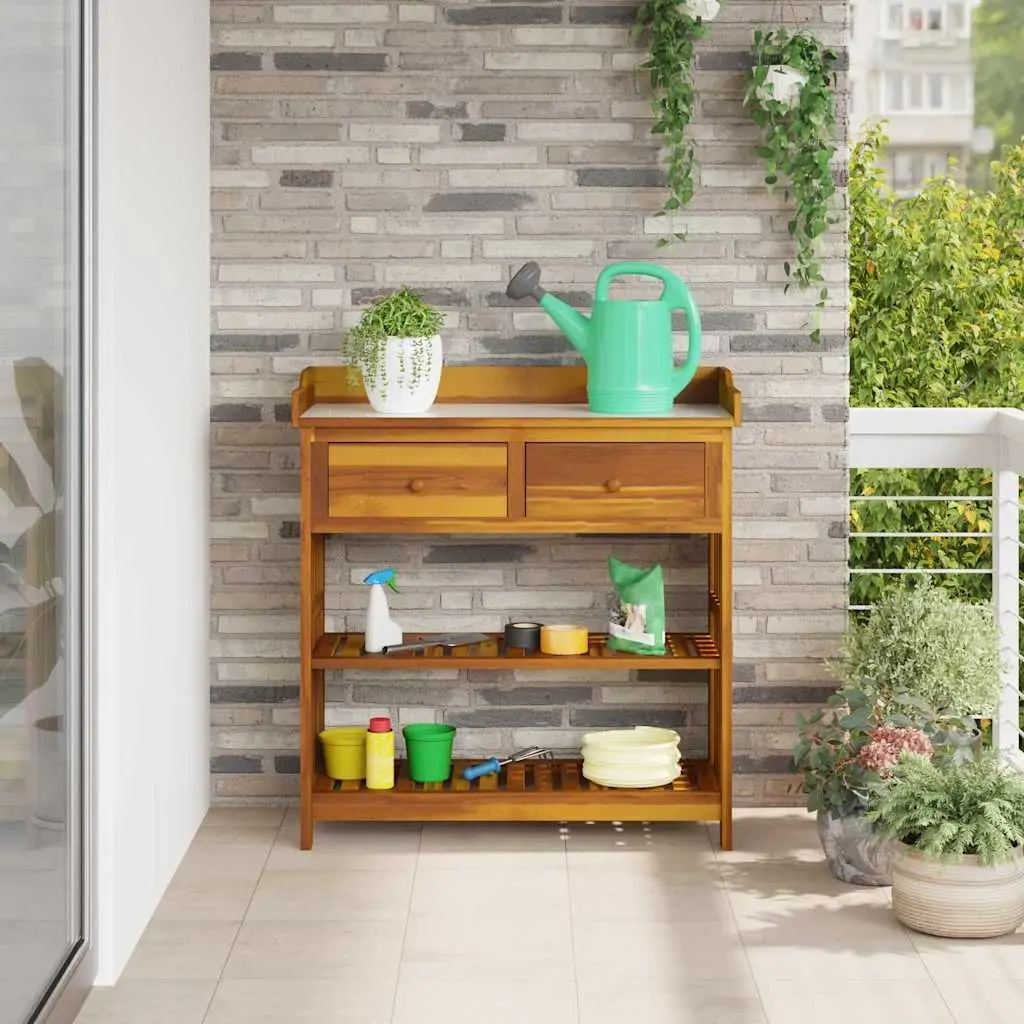 Outdoor Storage Cabinet Brown Solid Acacia Wood with Shelves and Drawers 93 x 41.5 x 98cm