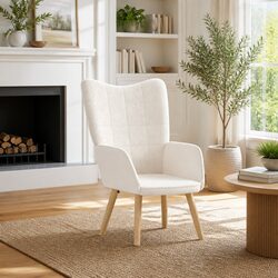 Ergonomic Cream Sherpa Armchair with Solid Rubber Wood Frame