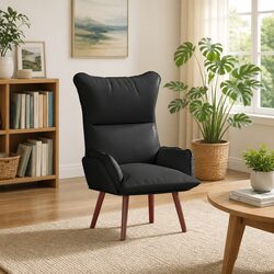 Black Faux Leather Armchair with Solid Wood Legs