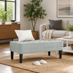 Rectangular Light Grey Velvet Ottoman with Plywood Legs