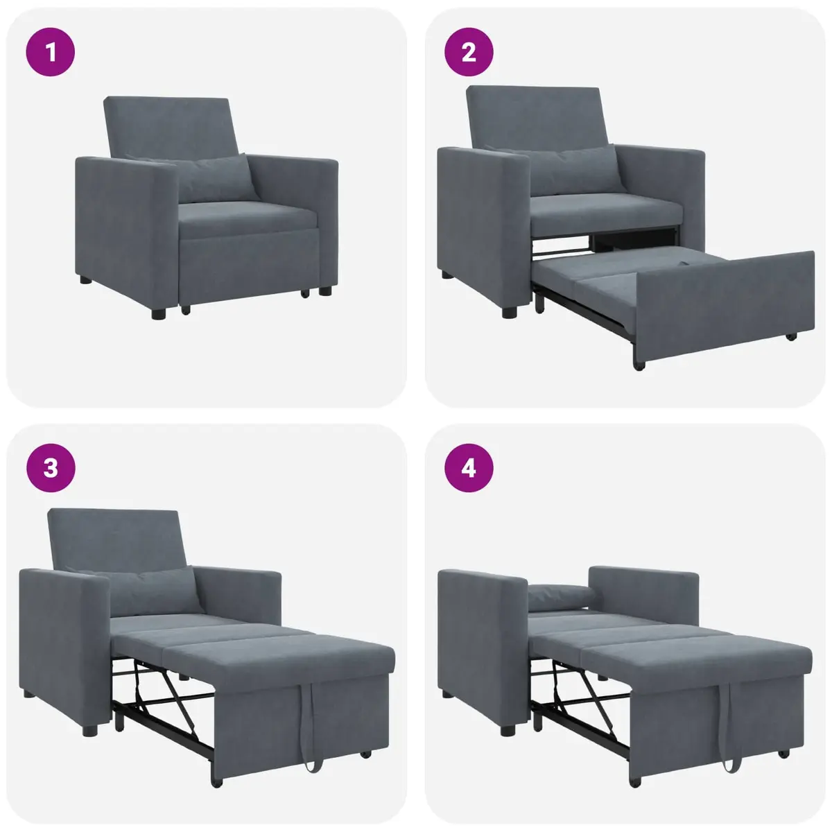 Single Sofa Bed Convertible Chair Recliner Adjustable Backrest Grey Velvet