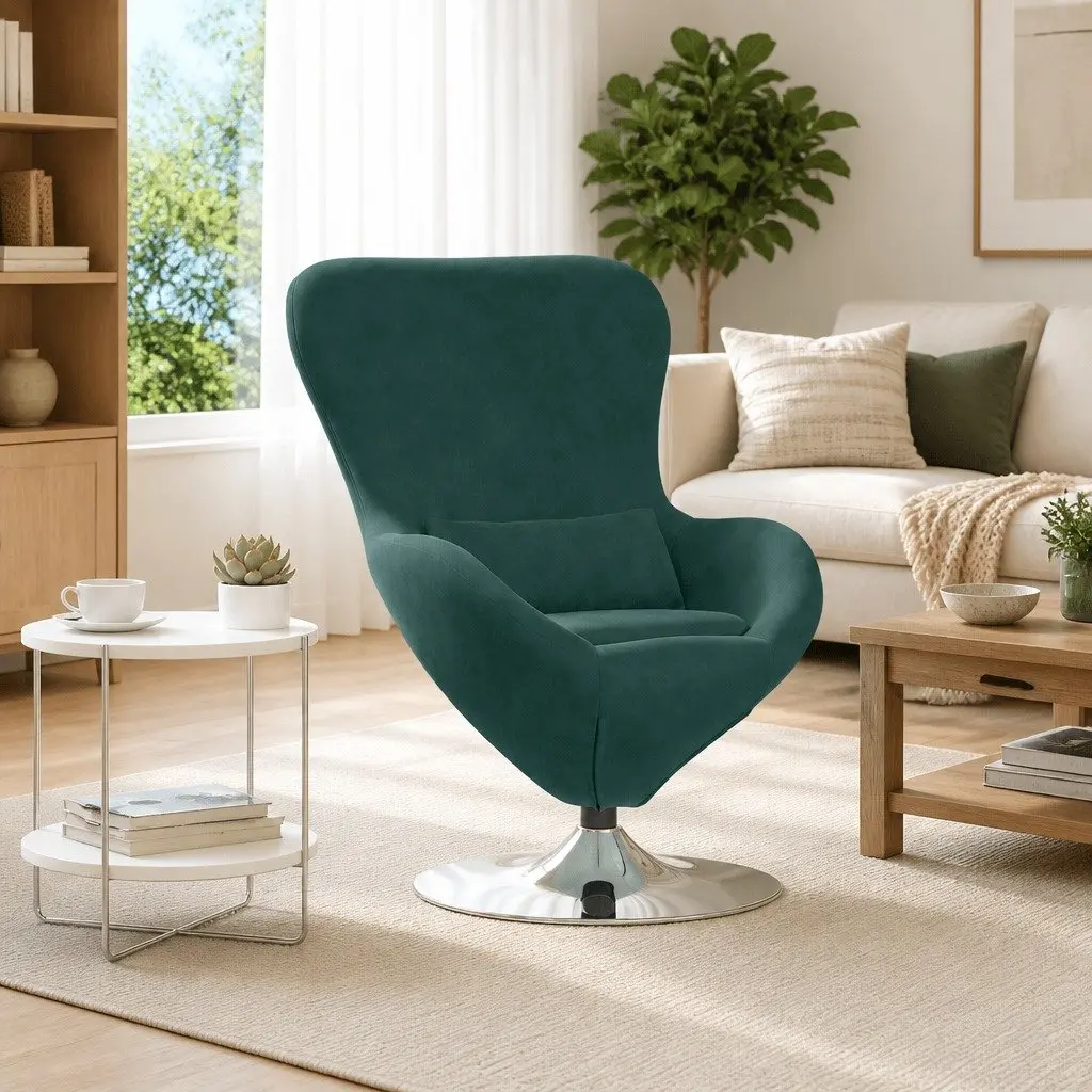 Egg Chair Swivel Velvet Upholstered Lounge Armchair Modern Dark Green