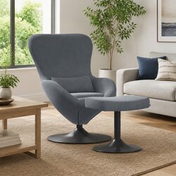 Modern Grey Velvet Lounge Chair with Footstool
