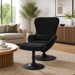Black Velvet Swivel Egg Chair with Matching Footstool