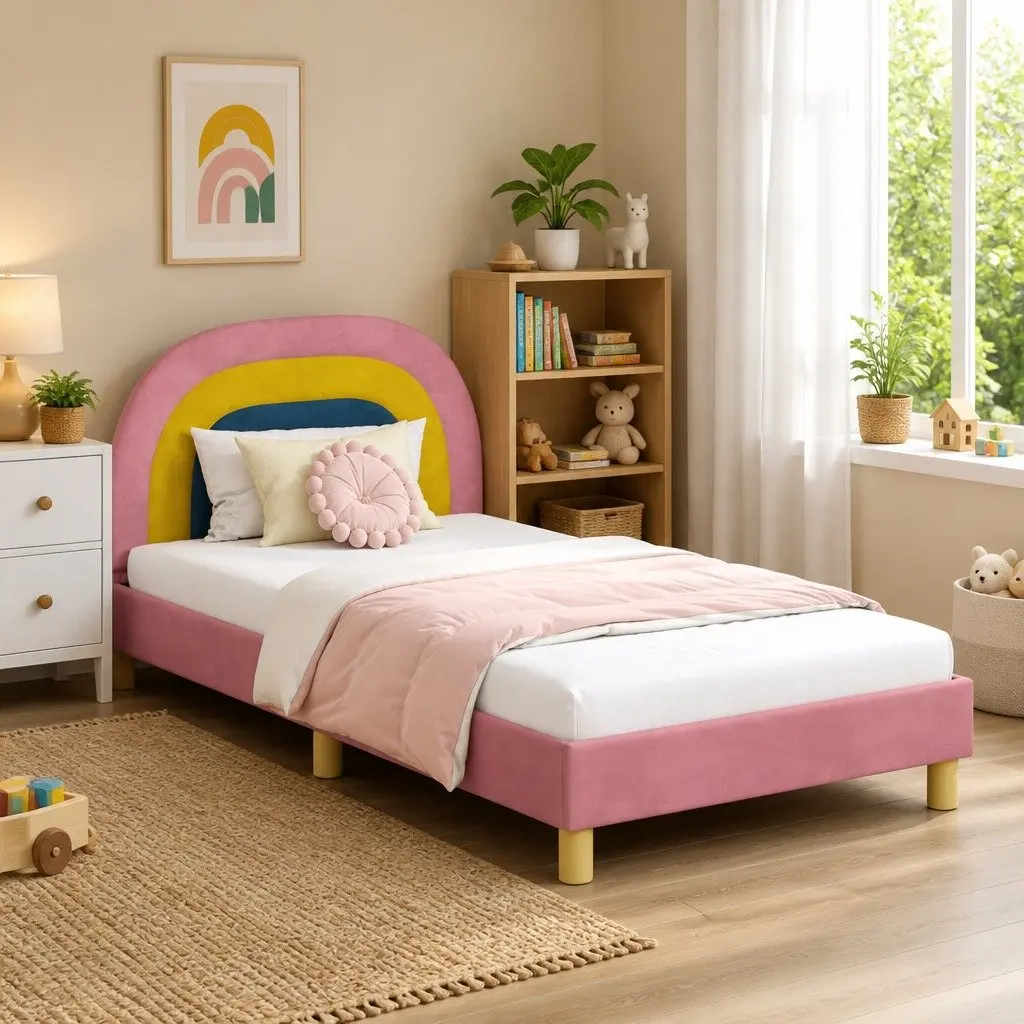 Pink Kids Bed Frame Velvet Touch with Slatted Base 90 x 190 cm and Headboard
