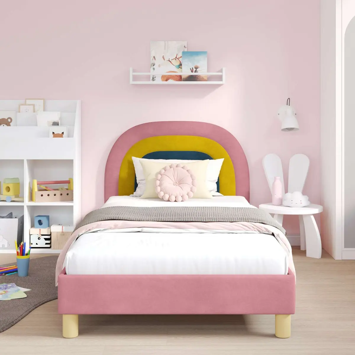 Pink Kids Bed Frame Velvet Touch with Slatted Base 90 x 190 cm and Headboard