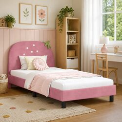 Pink Velvet Kids Bed Frame with Headboard, 90 x 190 cm