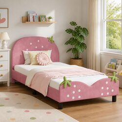Kids Bed Frame with Headboard, Pink Velvet 90 x 190 cm