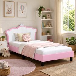 Sleek Pink Kids Bed Frame with Headboard 90 x 190 cm