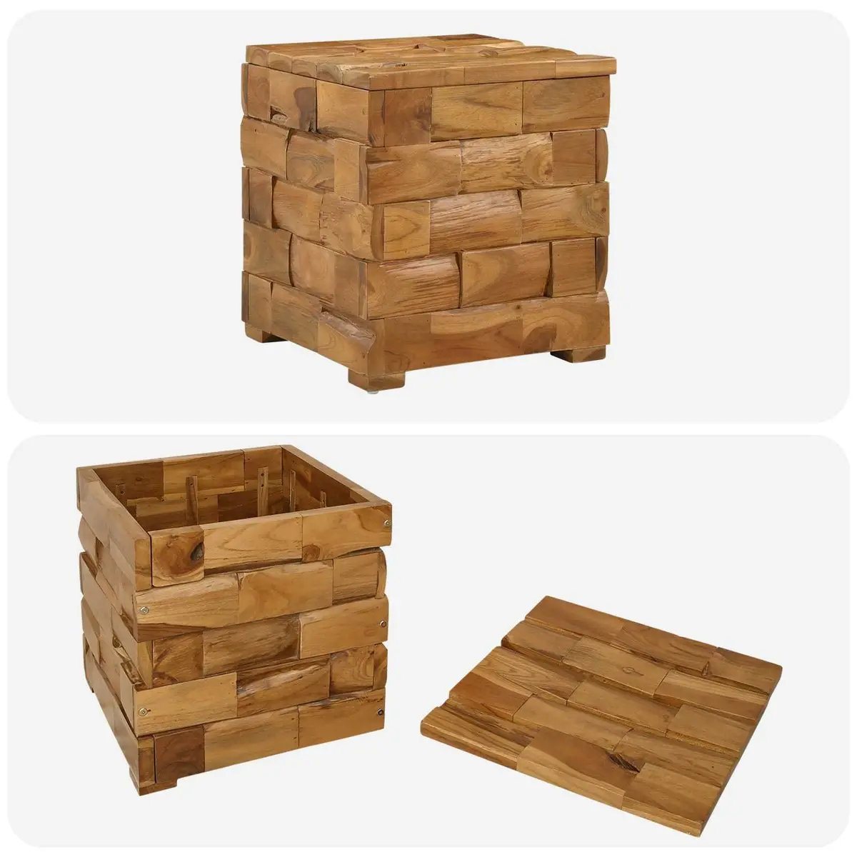 Rectangular Stool Brown Solid Teak Wood Compact Hidden Storage Bedroom Entryway