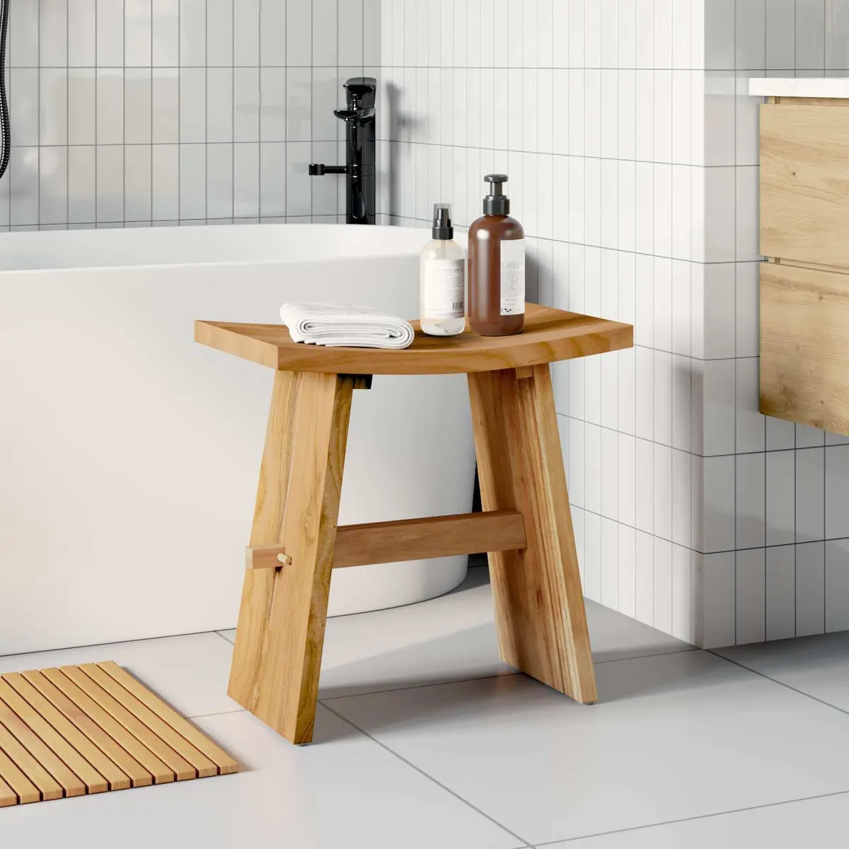 Bathroom Stool Modern Backless Compact Brown Teak Wood Indoor Seating
