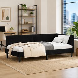 Corner Bed Frame Daybed Sofa Black Velvet 90cm x 190cm