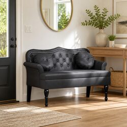 Black Faux Leather Chesterfield Bench with Button Tufting